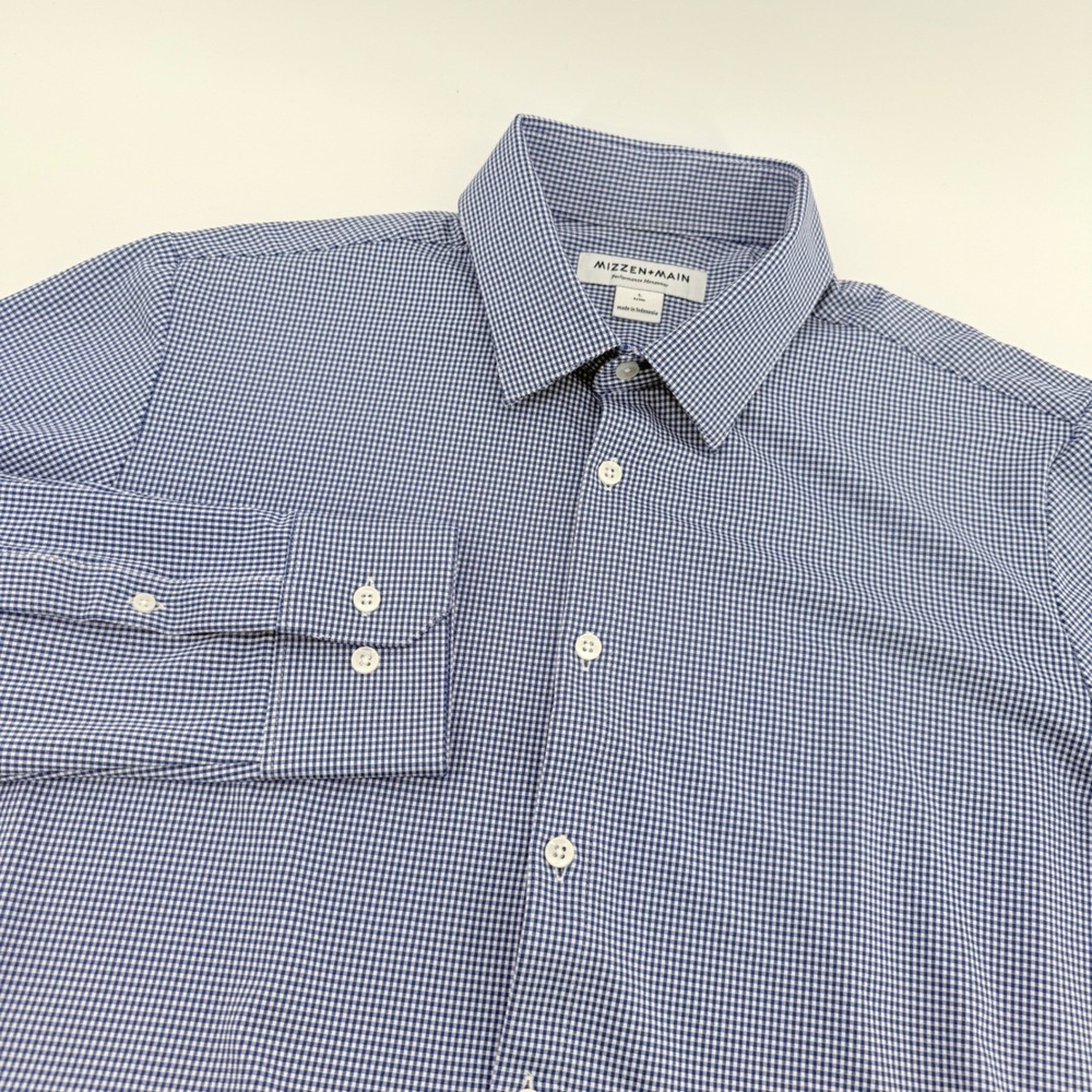 Mizzen+Main Mens Trim Fit Blue Gingham Performance Dress Shirt Large L